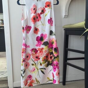 Ralph Lauren White Midi Dress with Pink, Coral & Green Floral Design